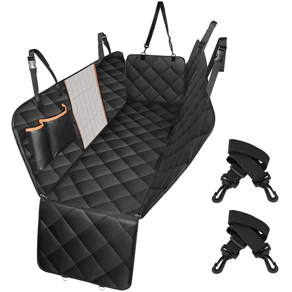 
Black quilted waterproof pet car seat cover with side flaps, mesh window panel, and seat anchor buckles included