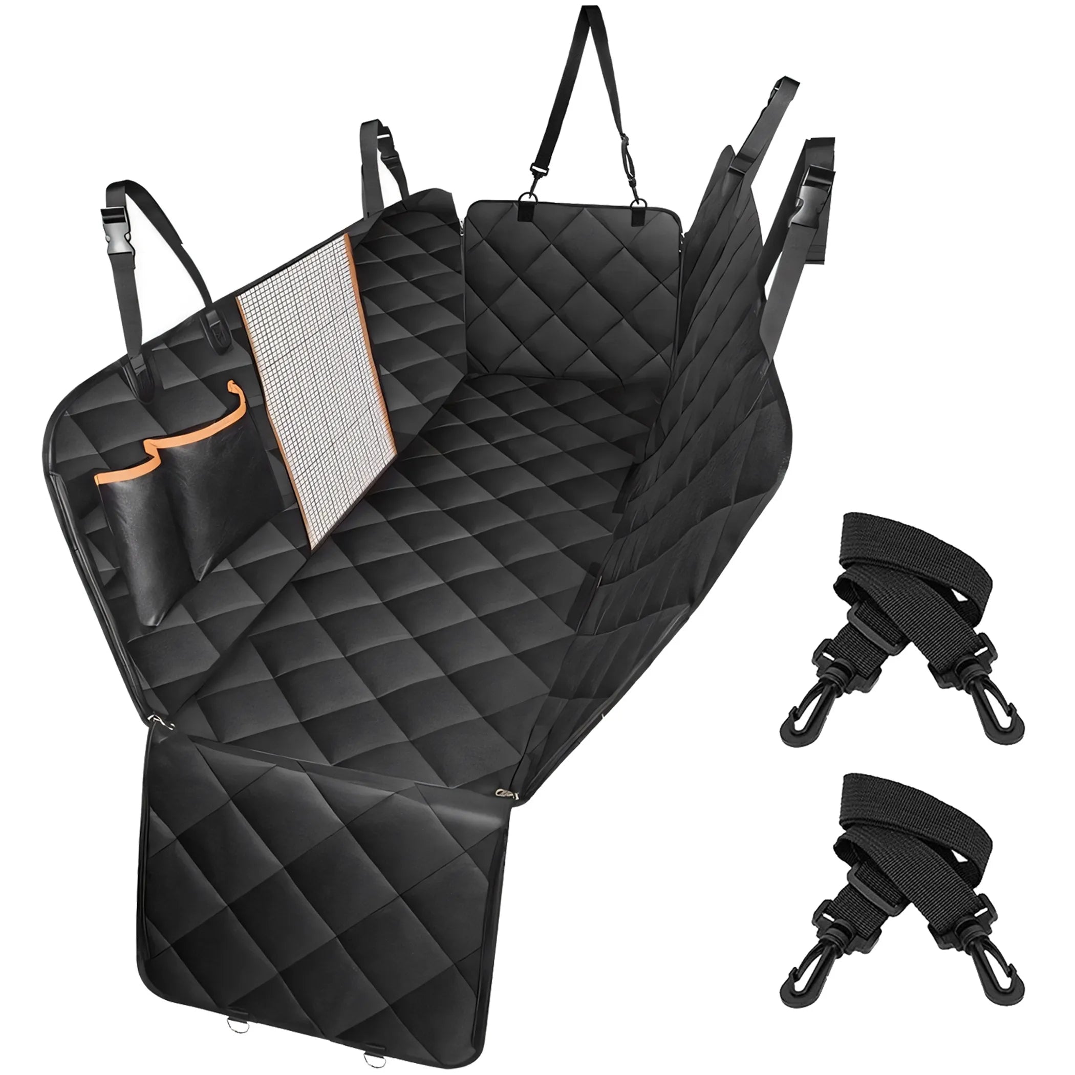 
Black quilted waterproof pet car seat cover with side flaps, mesh window panel, and seat anchor buckles included