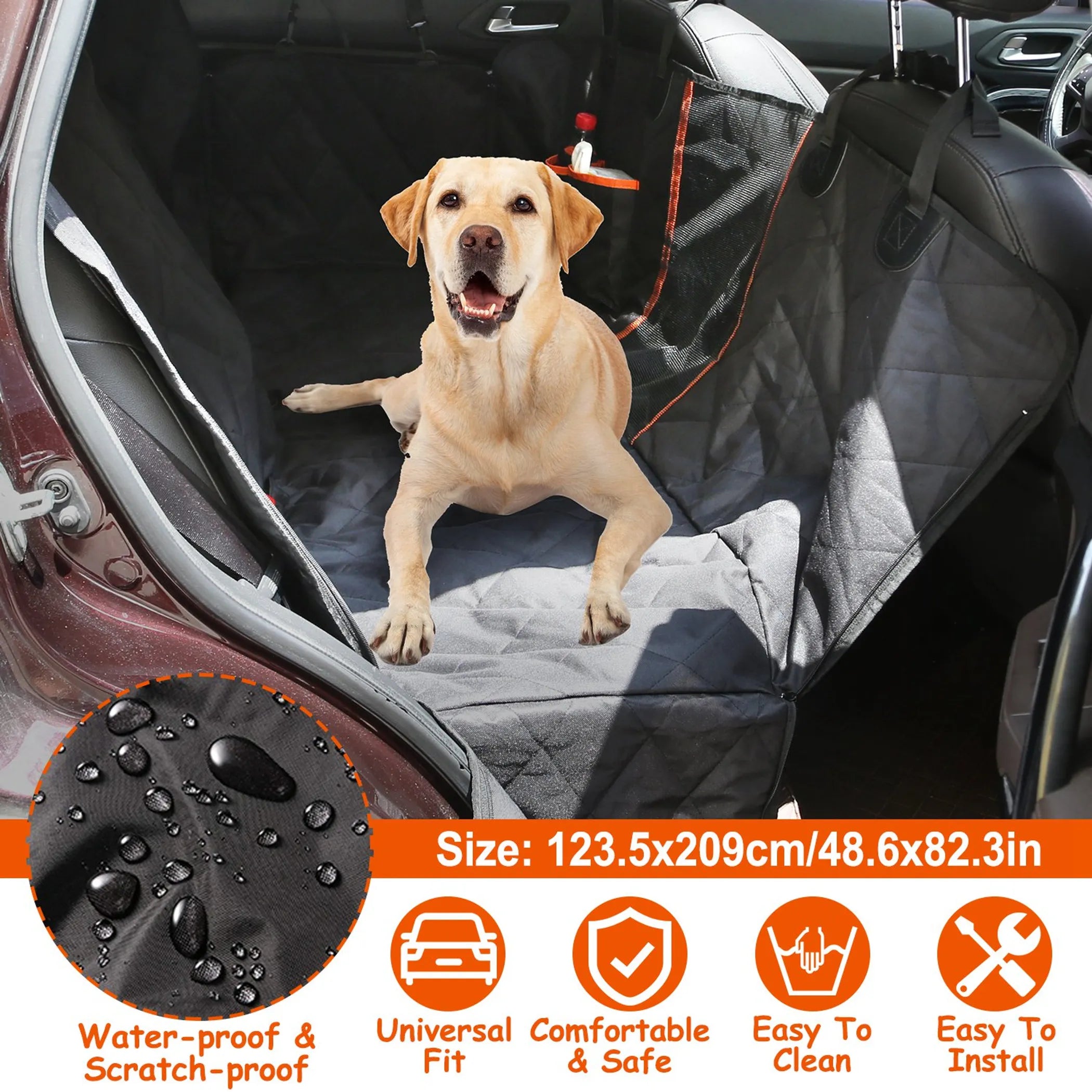 
Black quilted waterproof pet car seat cover with side flaps, mesh window panel, and seat anchor buckles included