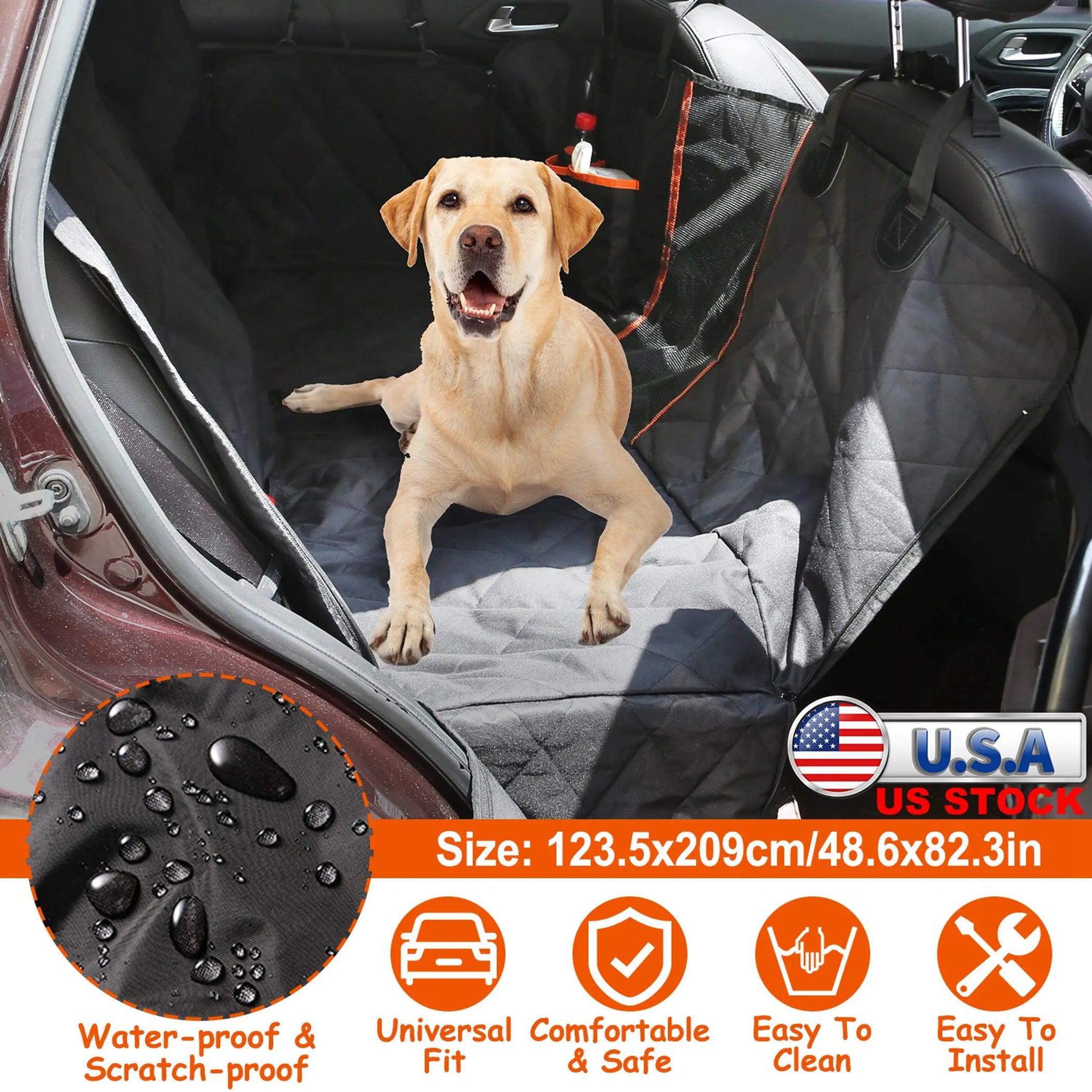 
Black quilted waterproof pet car seat cover with side flaps, mesh window panel, and seat anchor buckles included