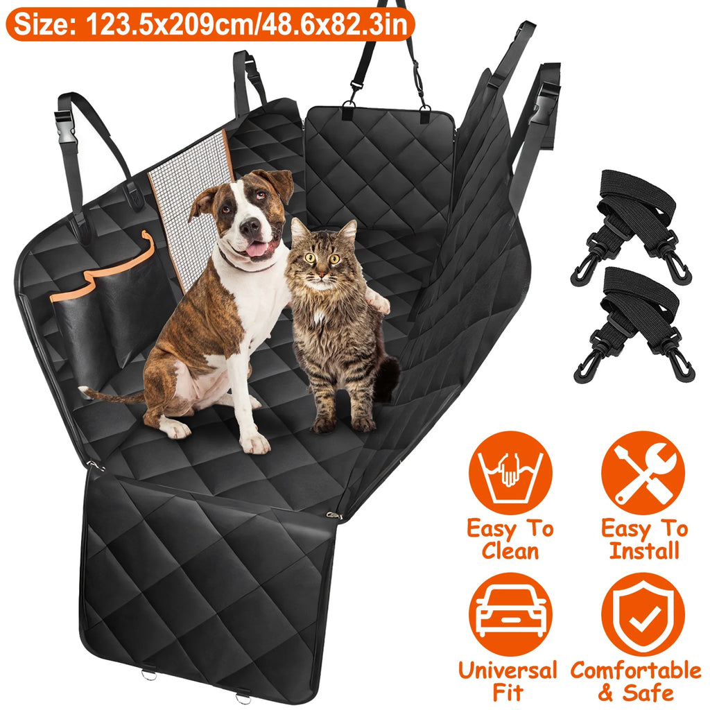 
Black quilted waterproof pet car seat cover with side flaps, mesh window panel, and seat anchor buckles included