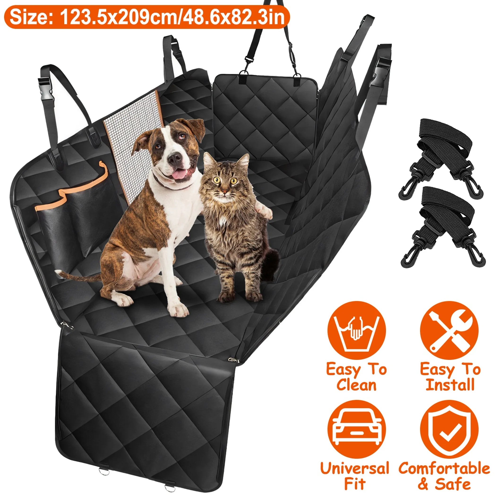 
Black quilted waterproof pet car seat cover with side flaps, mesh window panel, and seat anchor buckles included