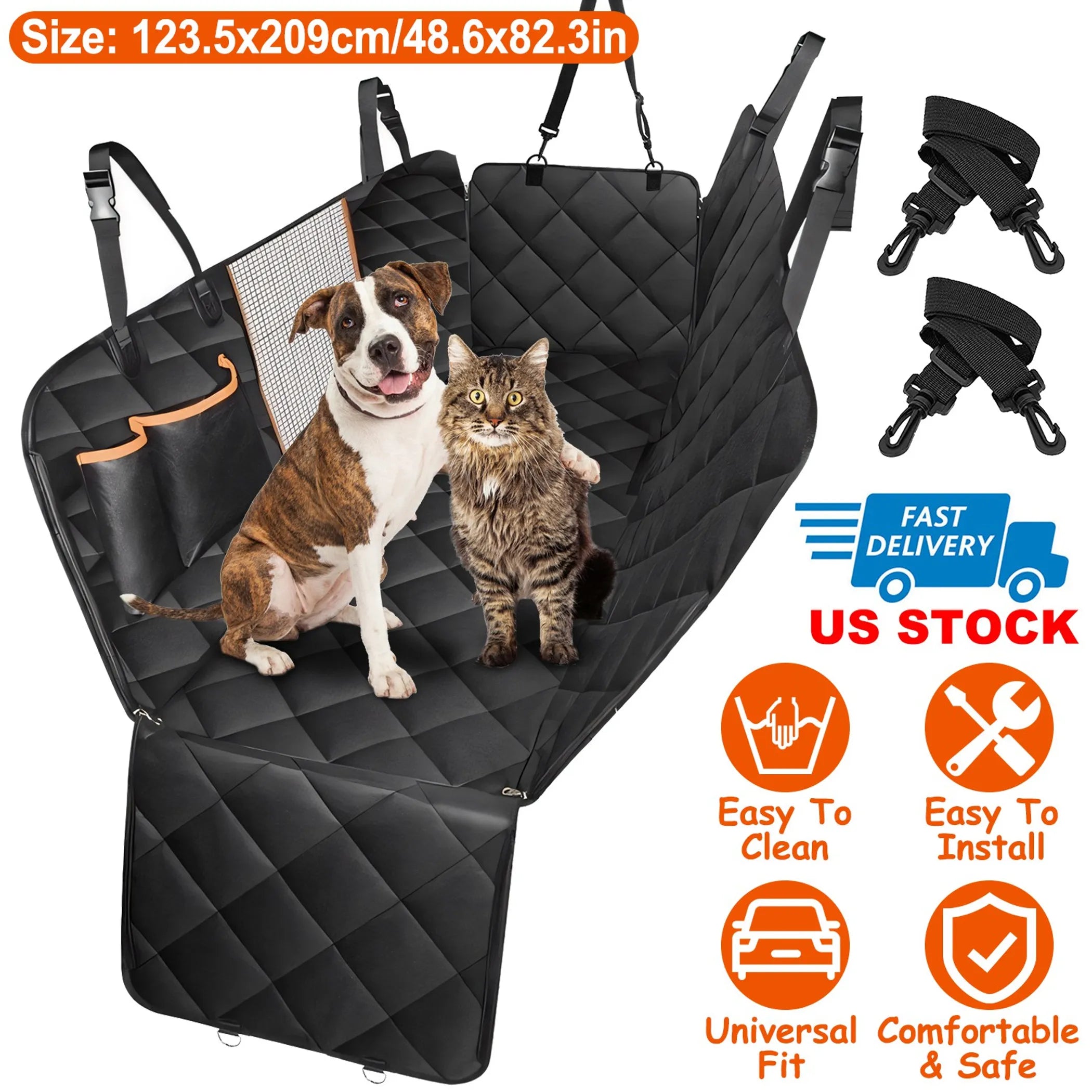 
Black quilted waterproof pet car seat cover with side flaps, mesh window panel, and seat anchor buckles included
