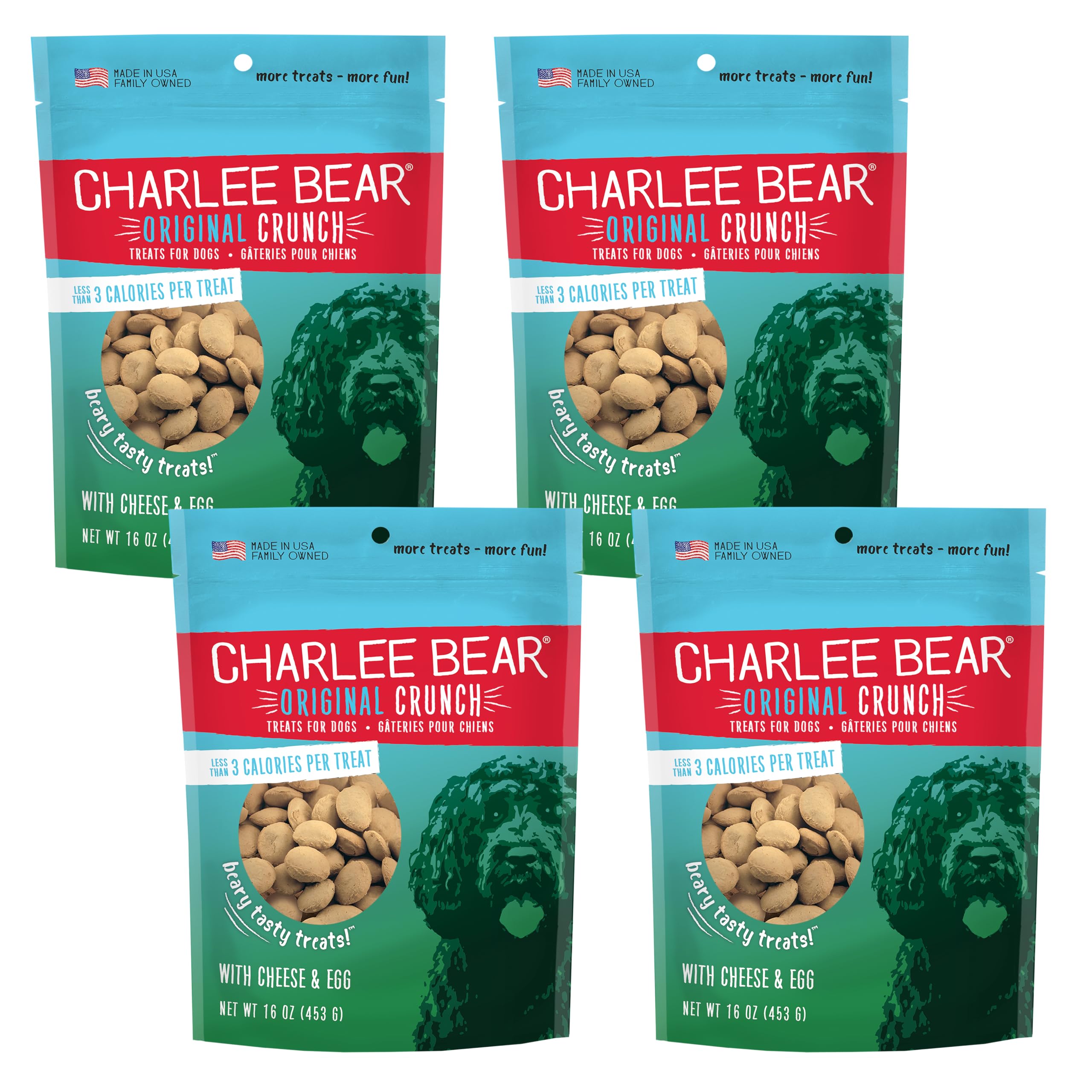 Four packages of Charlee Bear Original Crunch dog treats on a white background