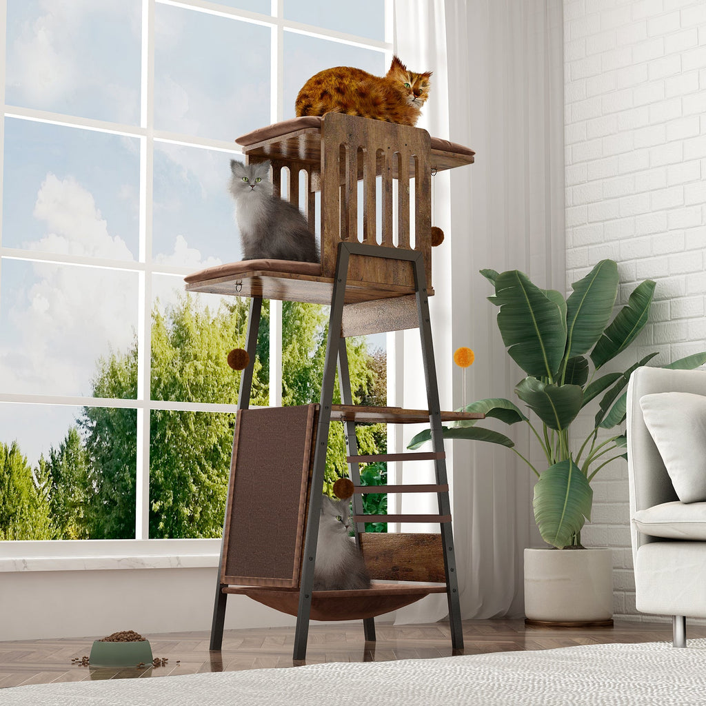 Modern Wooden Cat Tree – 58" Large Cat Tower