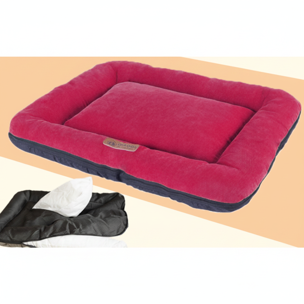 Red pet bed with a brand label on a beige surface