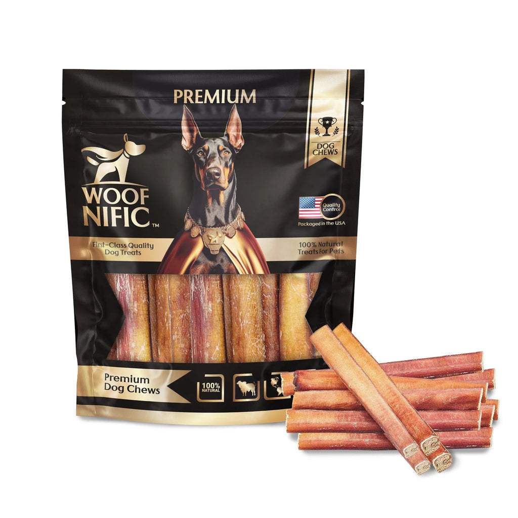 Woof Nific premium dog chews packaging with dog treats displayed on a white background