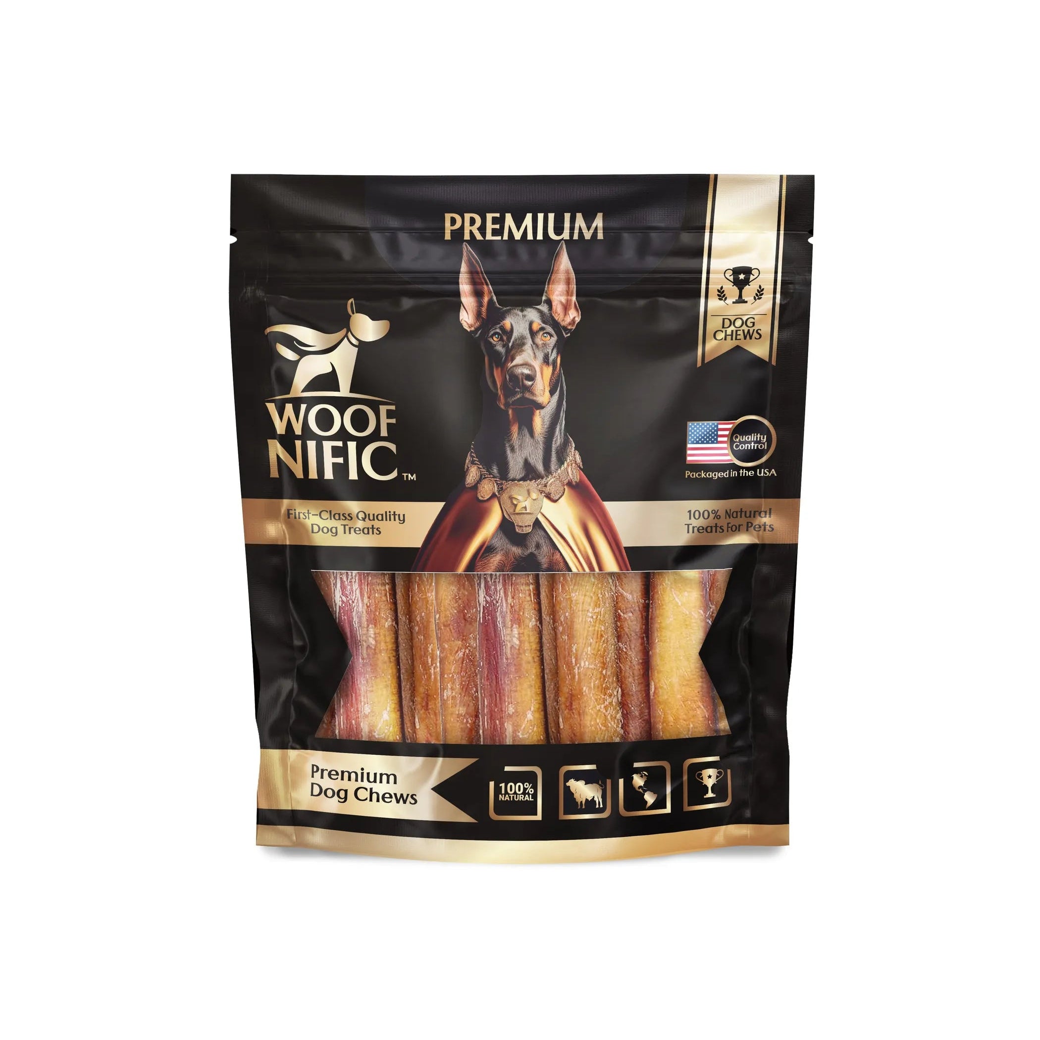 Package of Woof Nific premium dog chews with a dog on the label.
