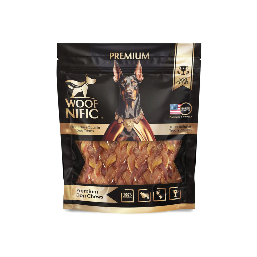 Package of Woof Nific premium dog chews on a white background