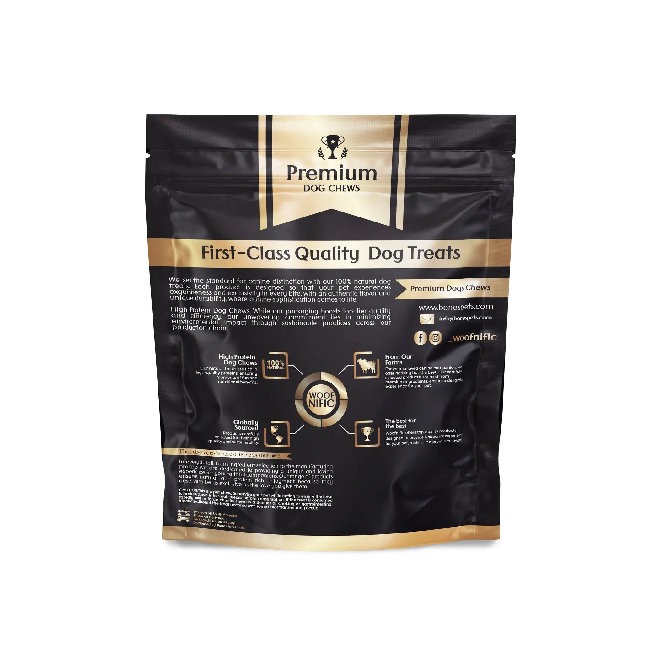 Black and gold packaging of Premium Dog Chews on a white background