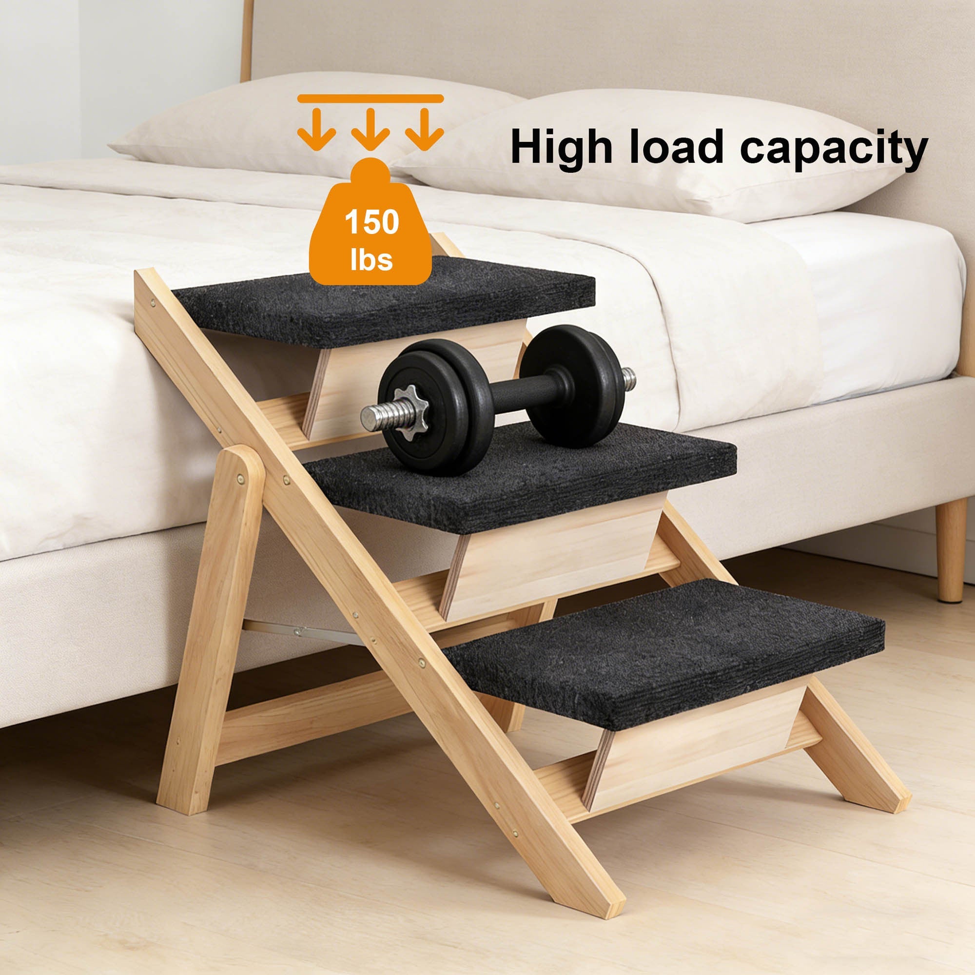 Foldable Wooden Pet Stairs & Ramp – 2-in-1 Dog Steps for Beds, Sofas & Cars