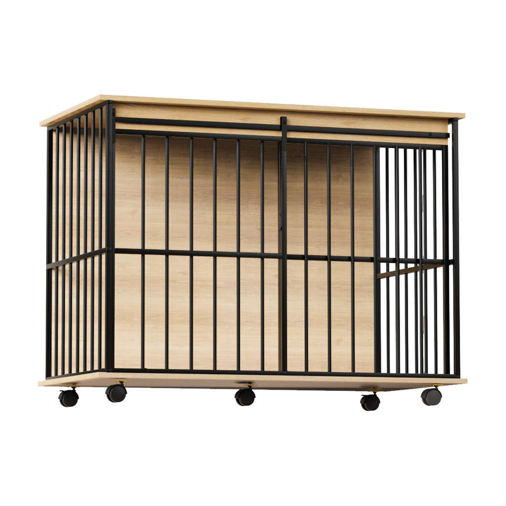 Wooden storage unit with metal bars on a white background