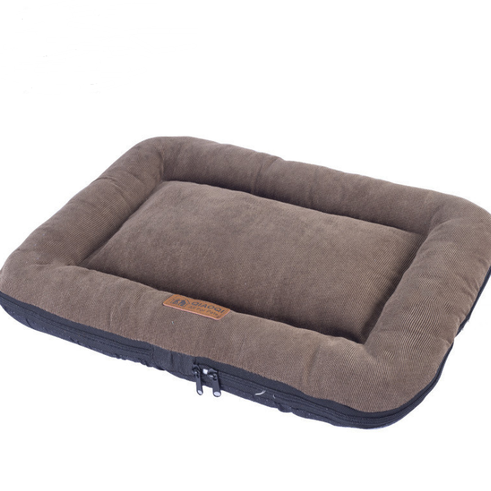 Brown pet bed with a visible brand logo on a white background