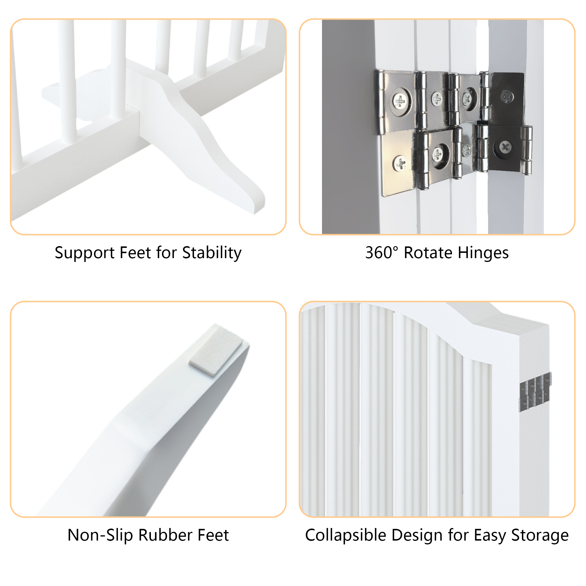 Product features including support feet, 360-degree rotate hinges, non-slip rubber feet, and collapsible design.