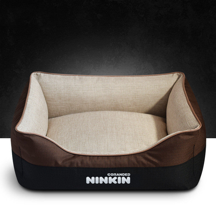 Pet bed with brown and beige color scheme on a dark background