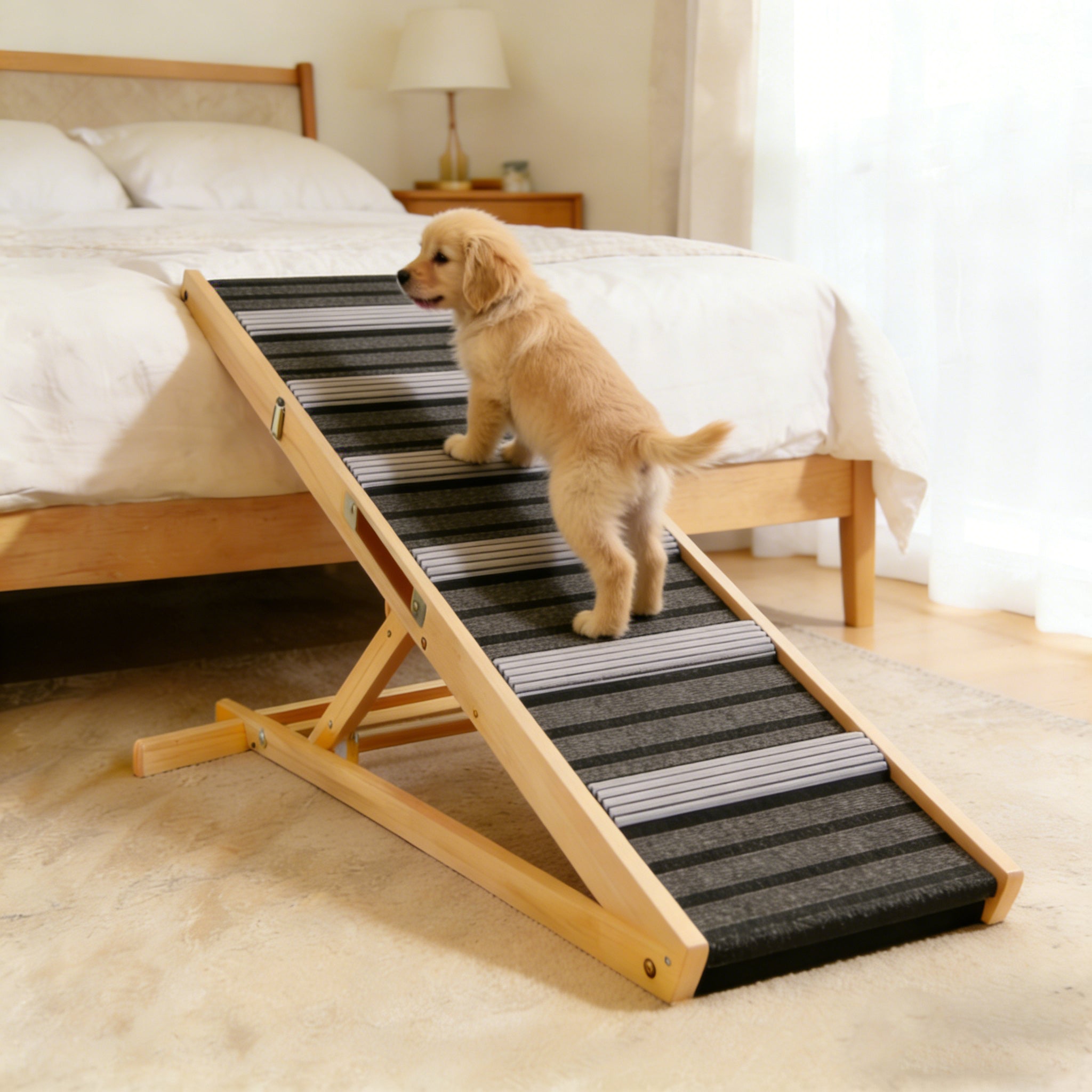 Dog using a wooden pet ramp to climb onto a bed in a bedroom setting.