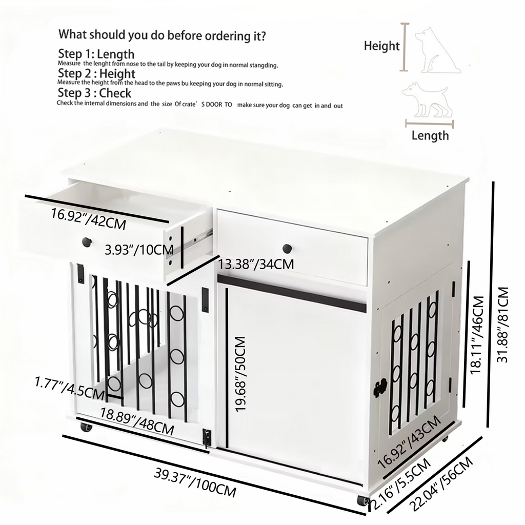 Measurement chart for a dog crate with dimensions labeled