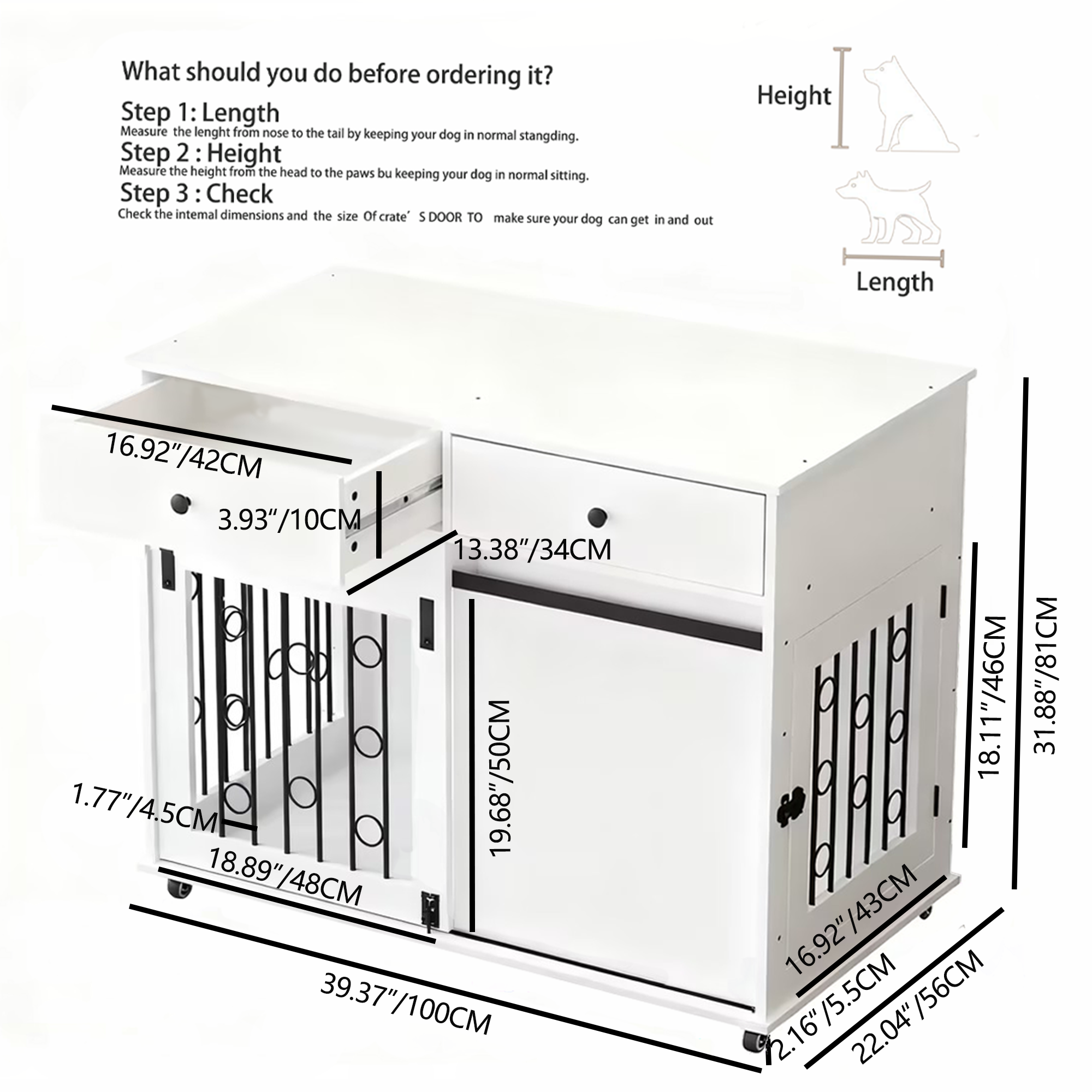 Measurement chart for a dog crate with dimensions labeled