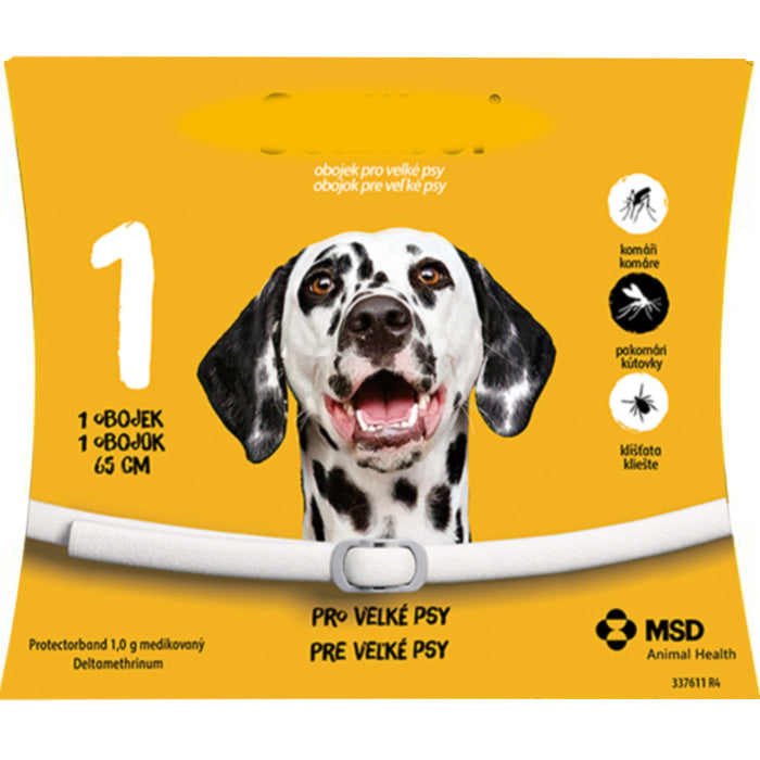 Packaging of a dog collar with a Dalmatian dog on a yellow background, featuring MSD Animal Health logo.