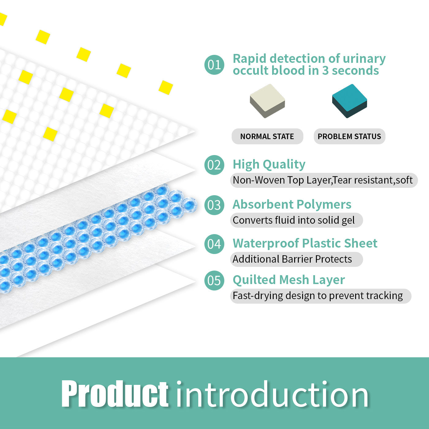 Product introduction slide with text and images of a device for rapid detection of urinary occult blood.