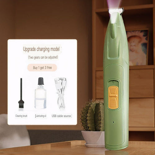 Green handheld device with a USB cable on a wooden surface, with a product card in the background.