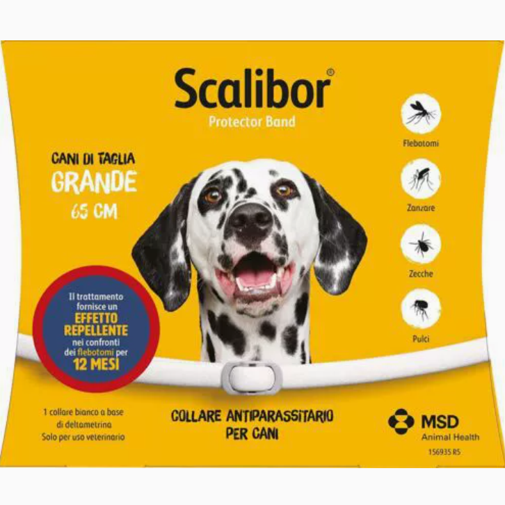 Scalibor dog collar packaging with a large dog on a yellow background