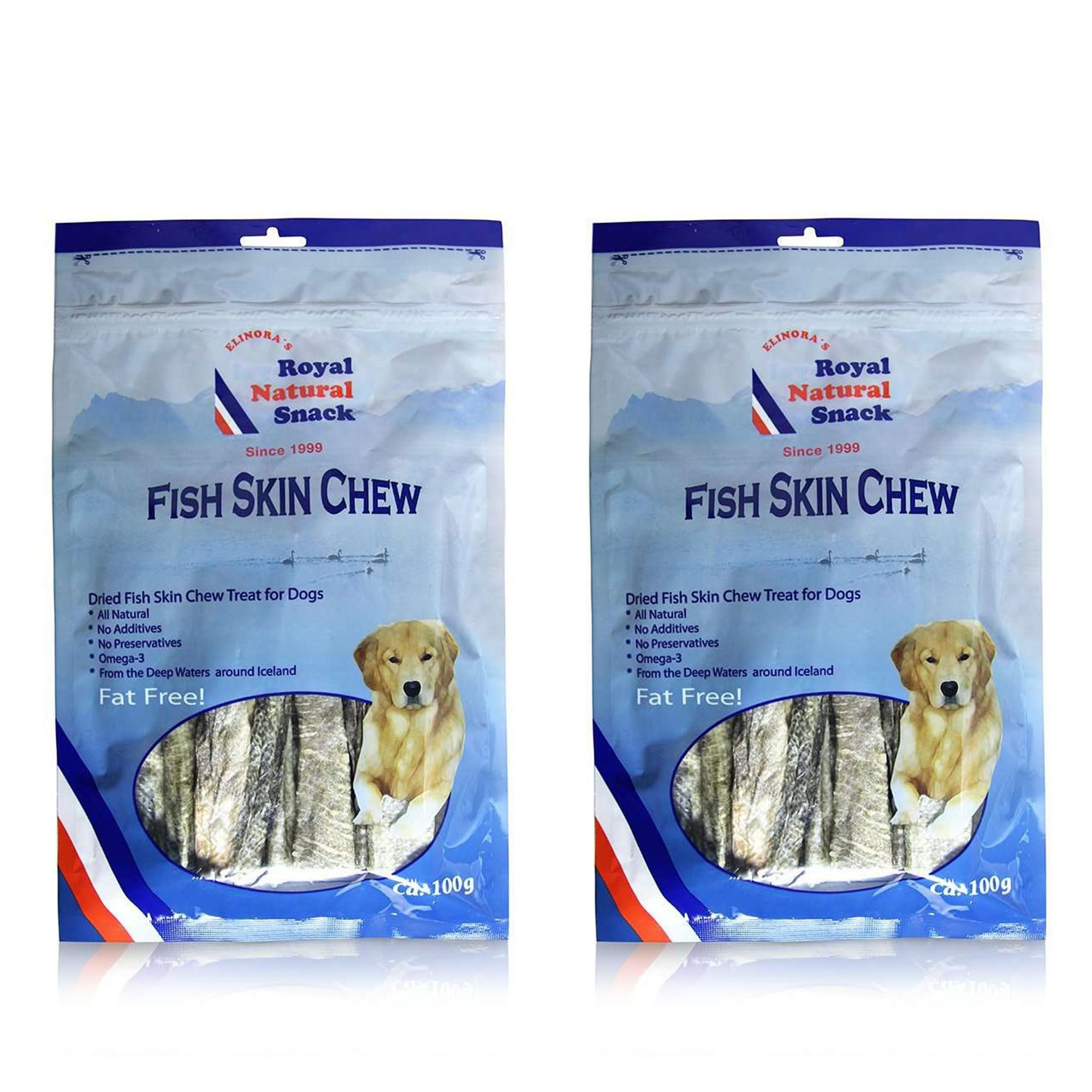 Two packages of Royal Natural Snack Fish Skin Chew for dogs on a white background