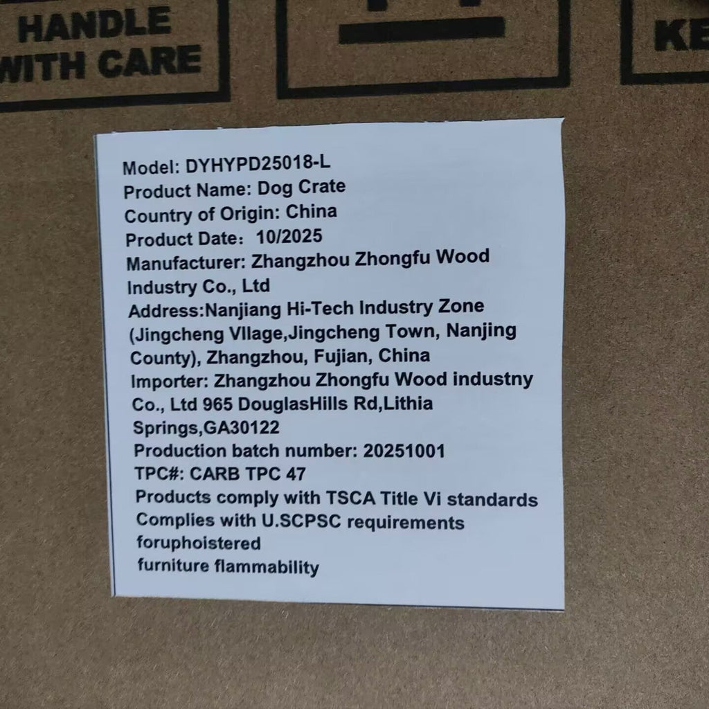 Product label on a cardboard box with text details about the dog crate.