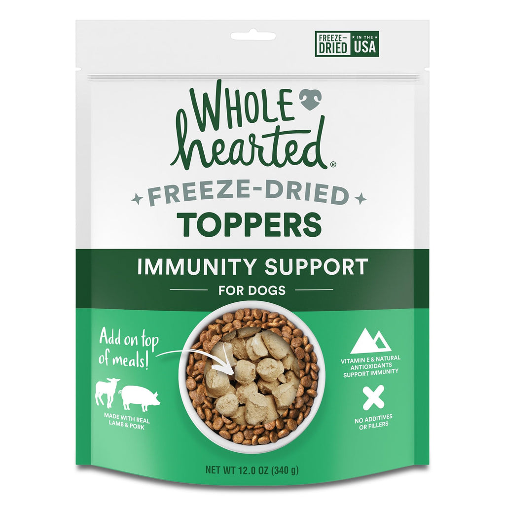 Package of Whole Hearted Freeze-Dried Toppers Immunity Support for dogs on a white background