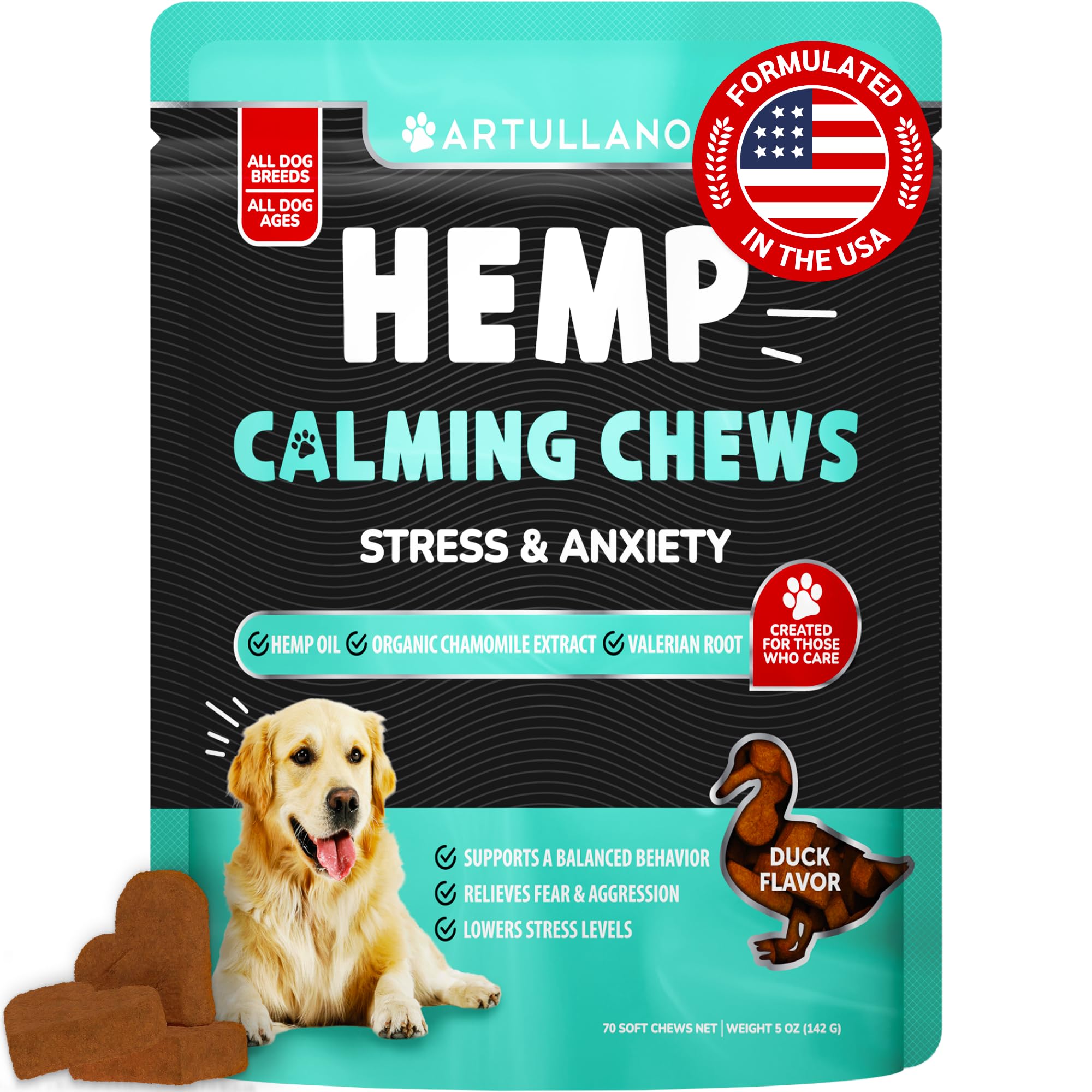 Packaging of Artullano Hemp Calming Chews for dogs with a dog and treats on a white background.