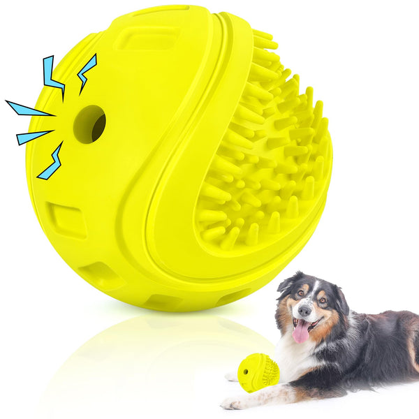 Yellow dog toy with textured surface and a dog lying next to it on a white background