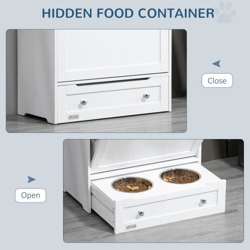 PawHut Pet Feeder Station Cabinet — Raised Bowls, Pull-Out Drawer, Storage Hooks, MDF (White, 32")