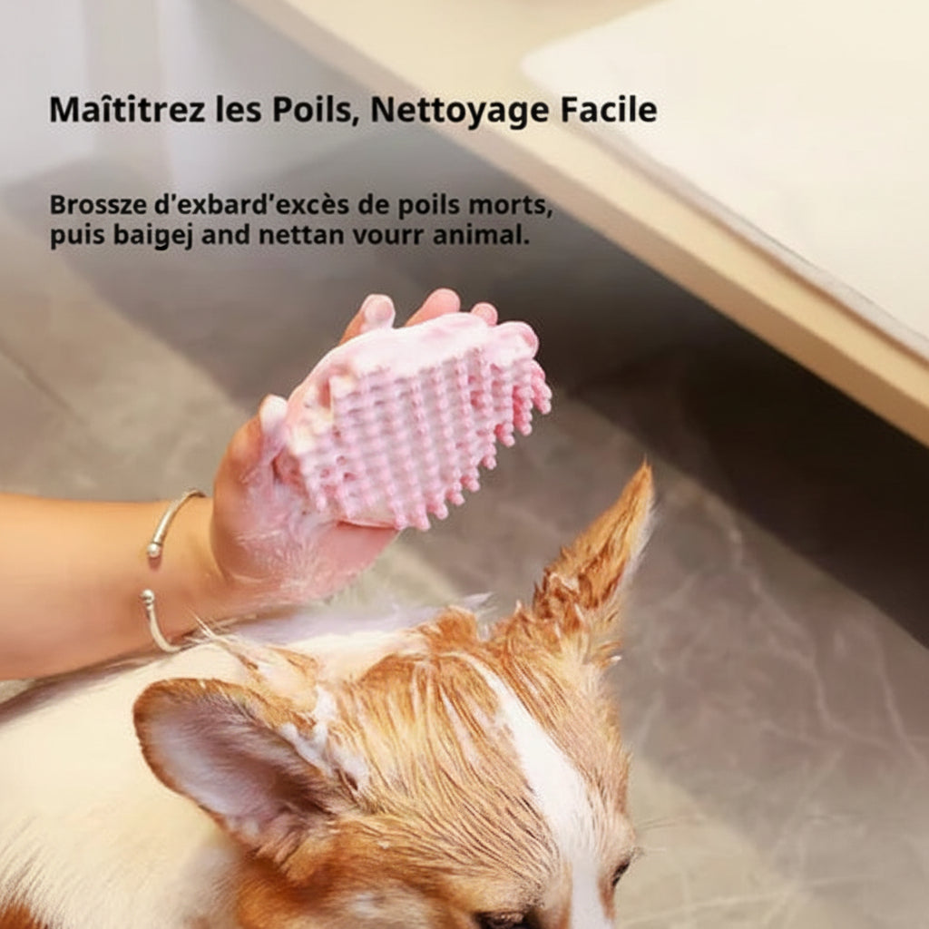 Person using a pink pet grooming brush on a dog, with text about pet hair management.