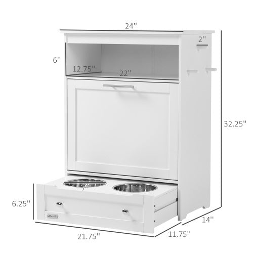 PawHut Pet Feeder Station Cabinet — Raised Bowls, Pull-Out Drawer, Storage Hooks, MDF (White, 32")