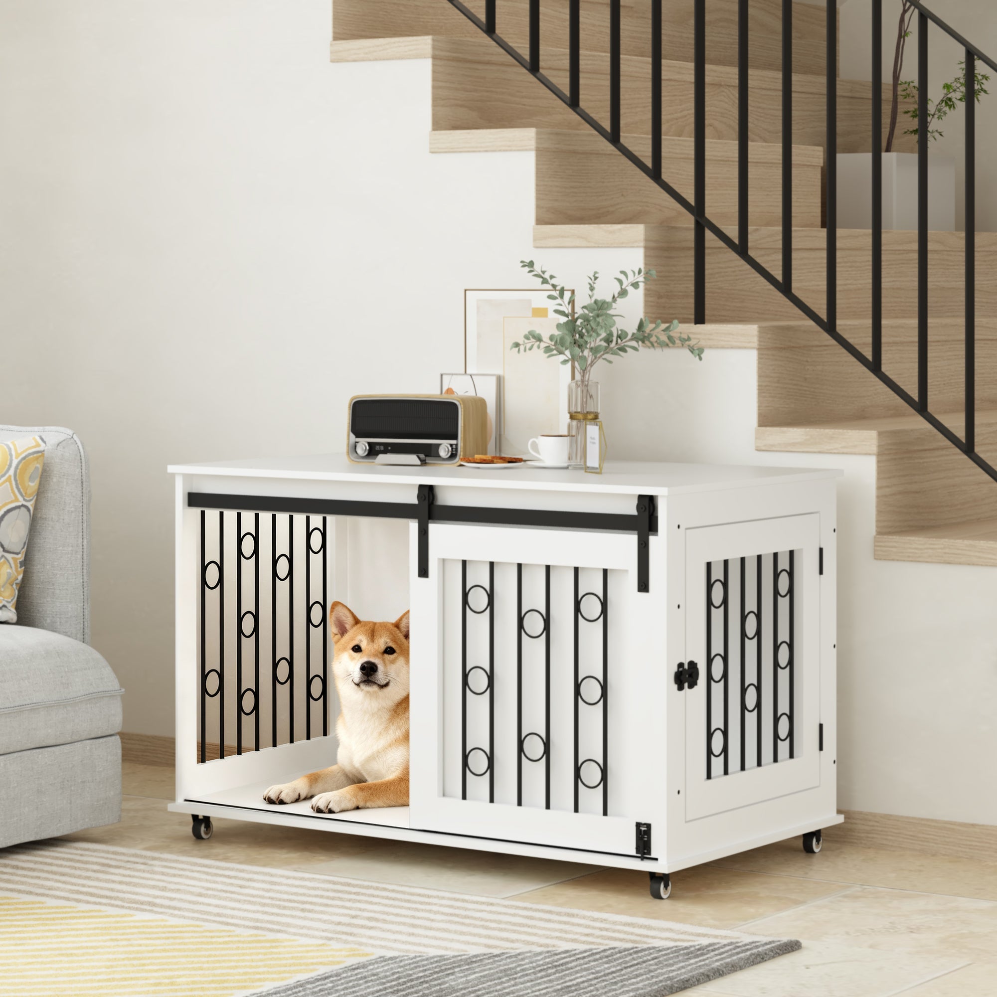 Modern Wooden Dog Crate Furniture with Sliding Barn Door – Indoor Pet Kennel