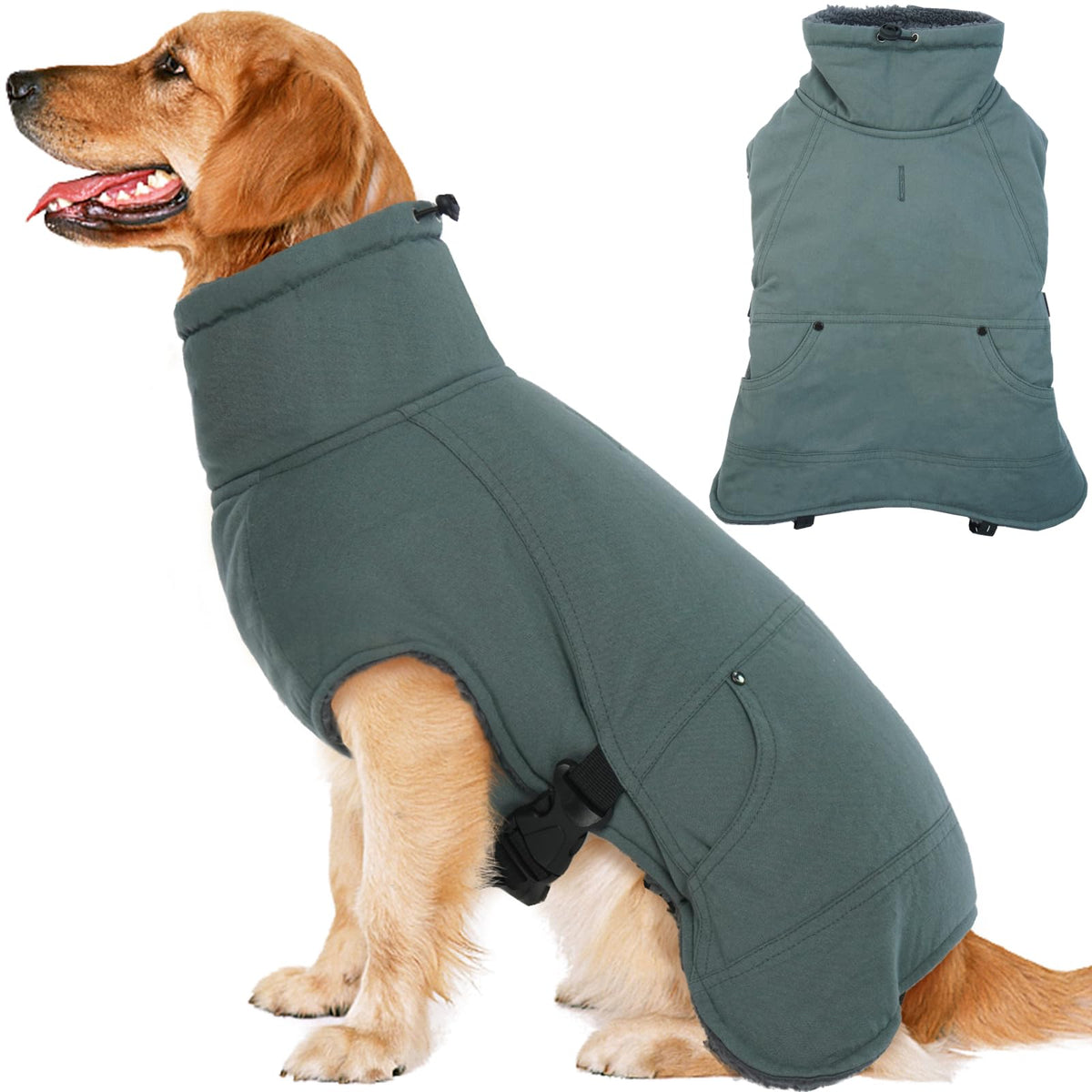 Idomik Turtleneck Dog Winter Coat with Back Pocket & Leash Hole