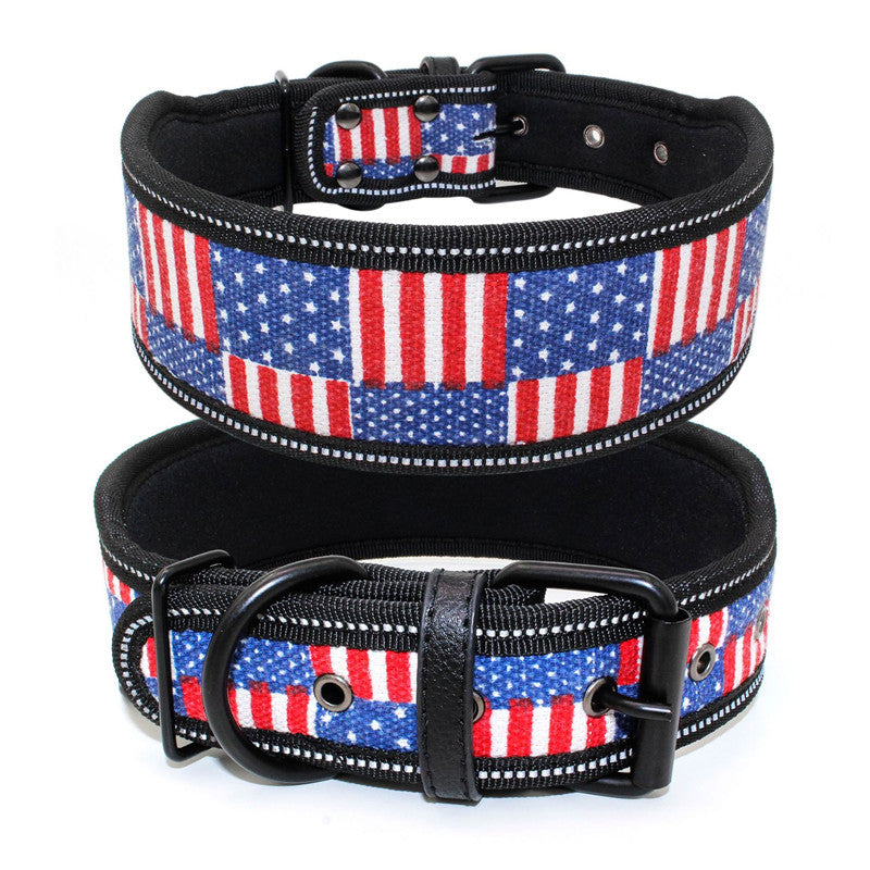 Two dog collars with American flag design on a white background