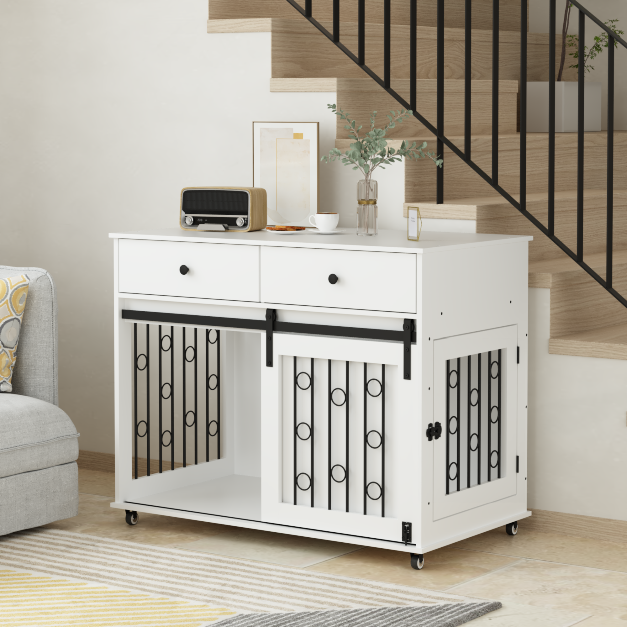Modern Wooden Dog Crate Furniture with Sliding Barn Door – Indoor Pet Kennel