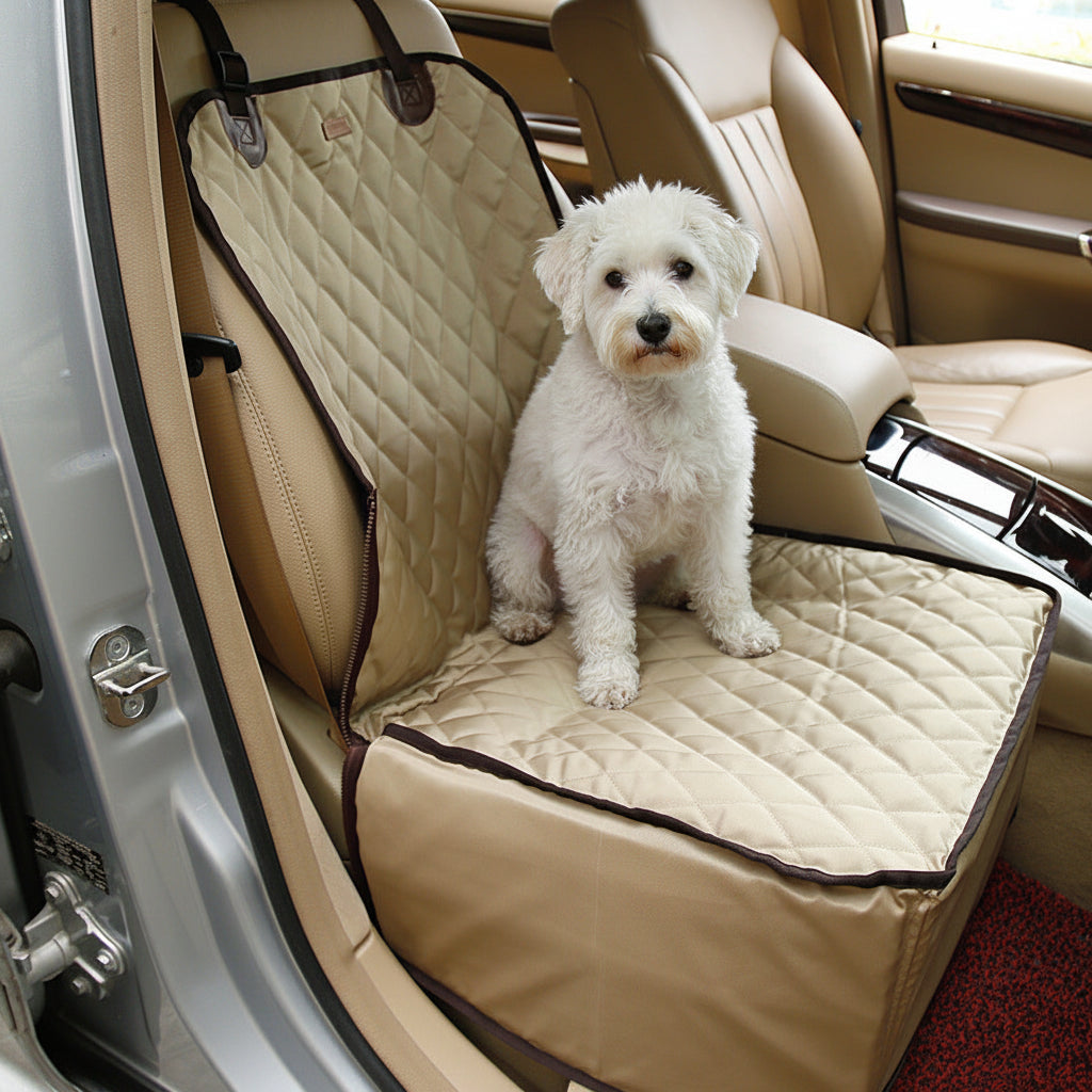 Dog sitting on a beige car seat cover in a vehicle