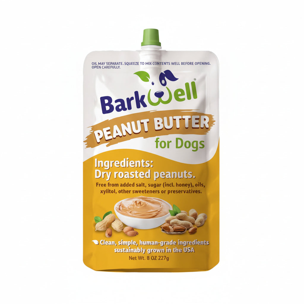 Barkwell peanut butter for dogs packaging on a white background
