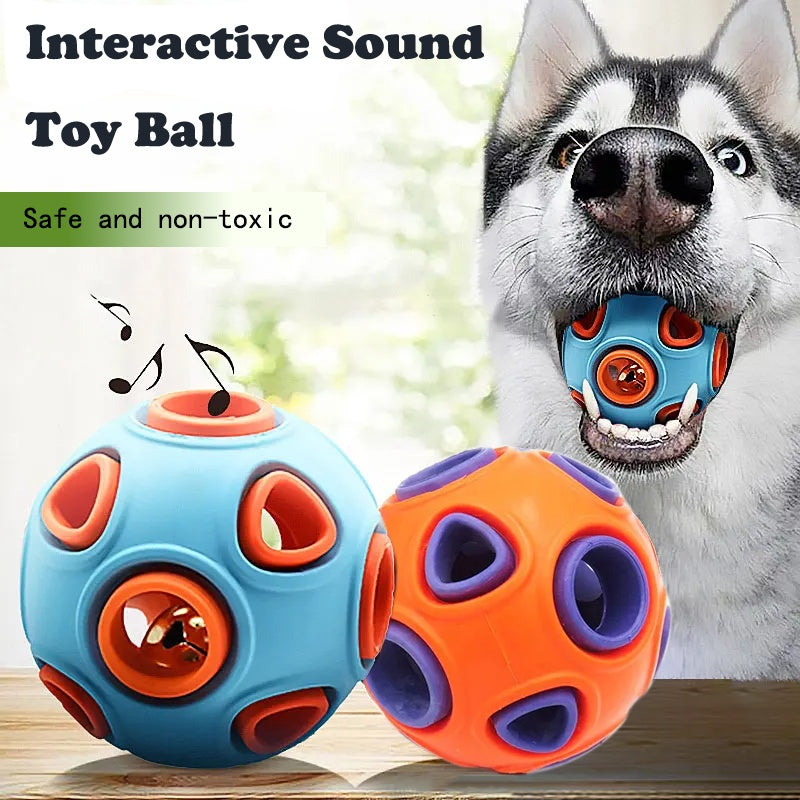 Two colorful dog toys with holes, one blue and one orange, in front of a dog holding a similar toy in its mouth.