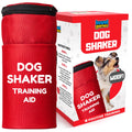 Red 'Dog Shaker' training aid with packaging featuring a dog and text.