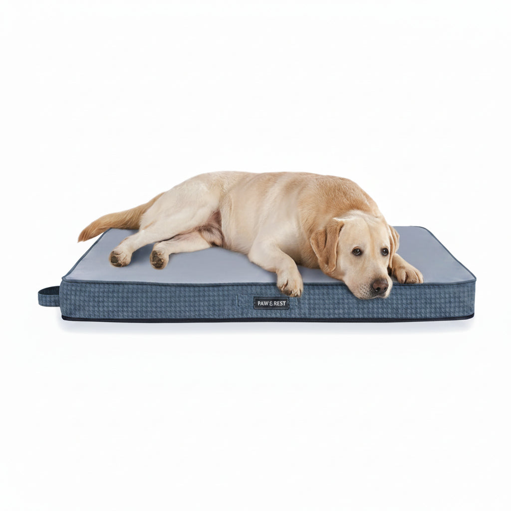 Dog lying on a blue pet bed with 'WEVEGO' branding on a white background