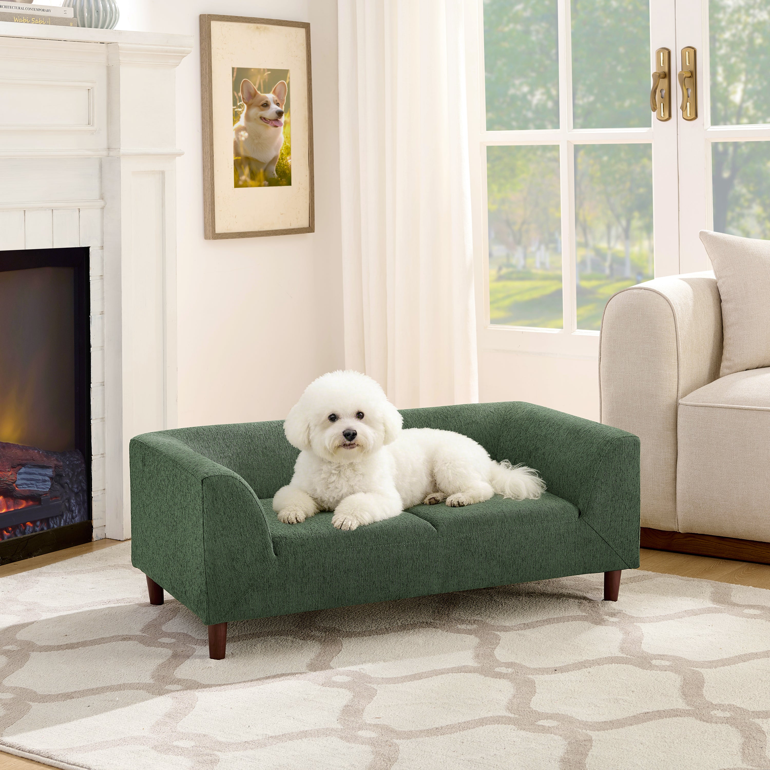 Modern Dog Sofa Bed with Armrests & Backrest – Olive Green Linen Pet Couch