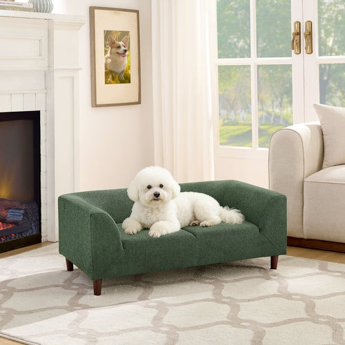 Modern Dog Sofa Bed with Armrests & Backrest – Olive Green Linen Pet Couch