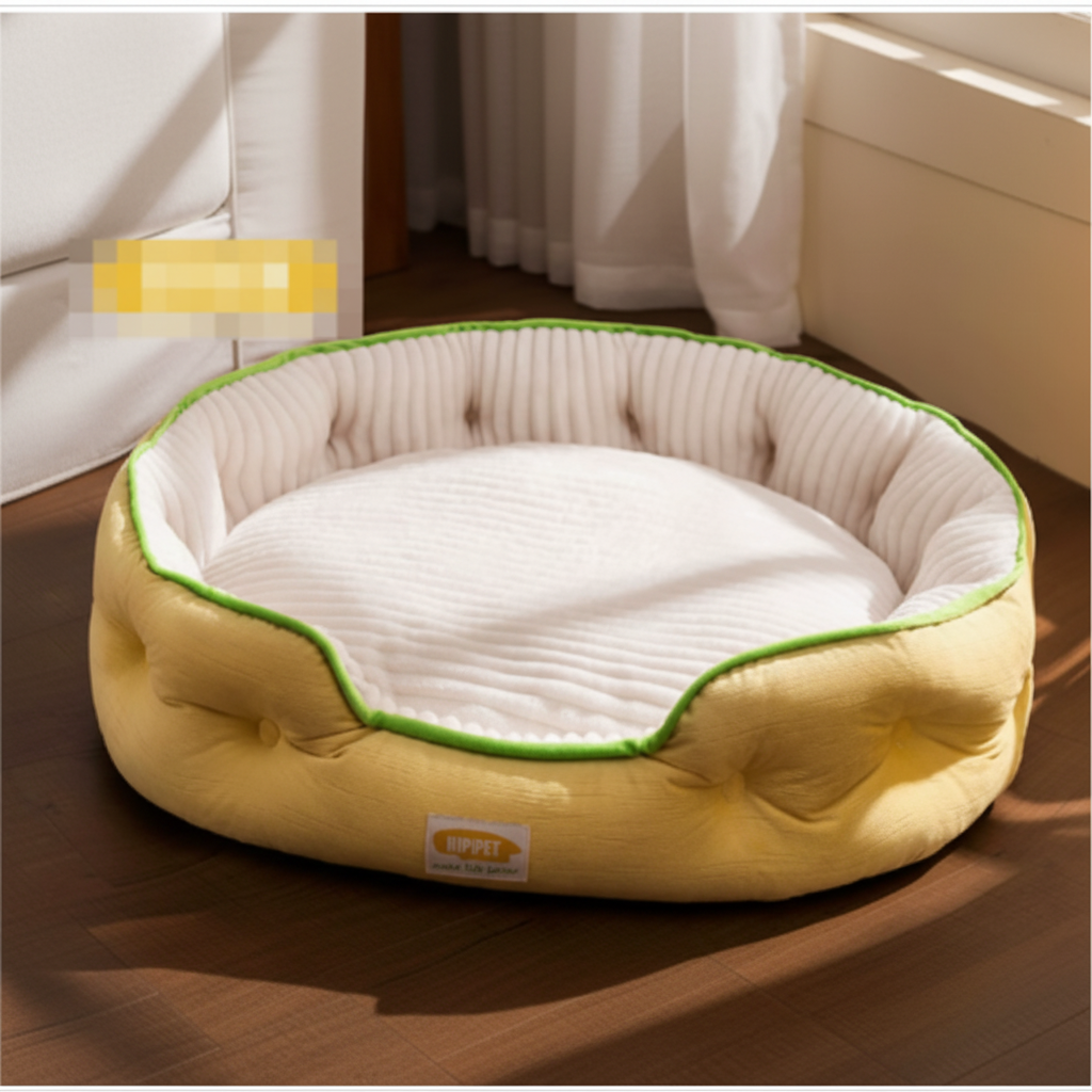 Yellow pet bed with green trim on a wooden floor