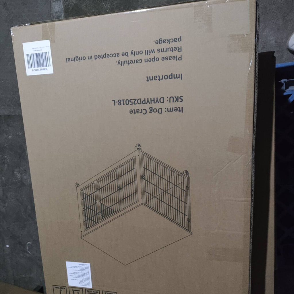 Cardboard box with a pet crate diagram and text on a dark background