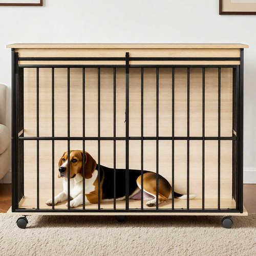 Dog inside a large wooden crate with metal bars in a home setting.