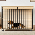 Dog inside a large wooden crate with metal bars in a home setting.