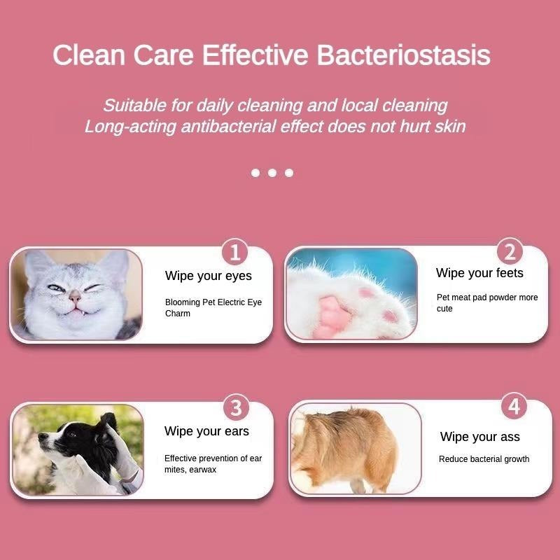 Product advertisement for cleaning care with images of pets and text on a pink background